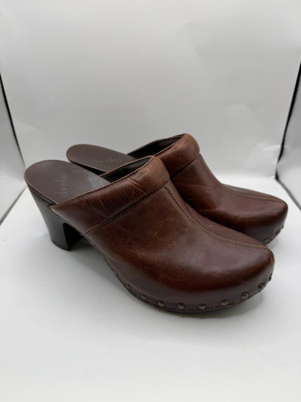 Dansko Brown Leather Studded Clog Mules Chunky Block Heel Boho 70s
